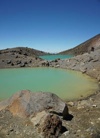 Scenic view of lake against clear blue sky