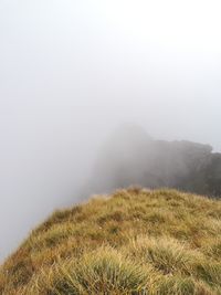 Scenic view of landscape against sky during foggy weather