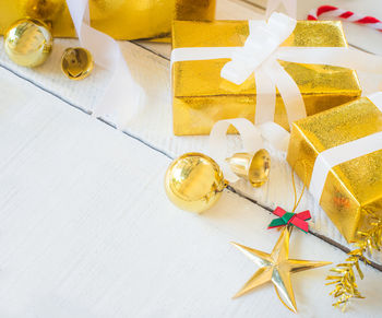 High angle view of christmas decorations on table