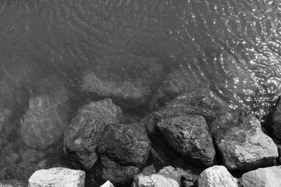 High angle view of rocks at sea shore