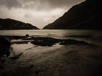 Scenic view of lake against cloudy sky