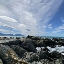 Rocks on sea shore against sky