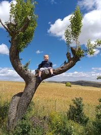 Man by tree on field against sky