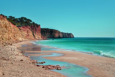 Scenic view of beach against clear blue sky