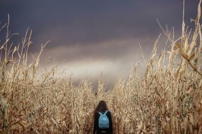 Rear view of woman standing on field against sky