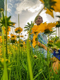 Woman and yellow flowering plants on field