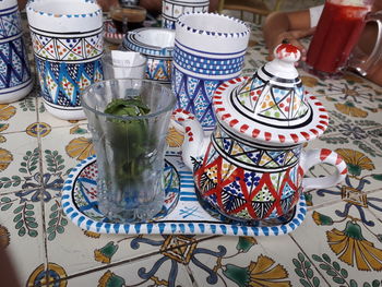 High angle view of drink on table