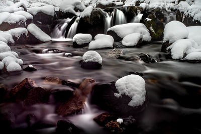 Snow covered rocks in sea