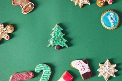 High angle view of christmas decorations on table