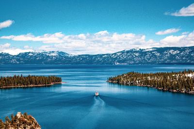 Scenic view of lake and mountains against sky