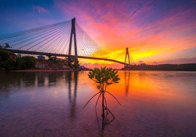 View of suspension bridge at sunset