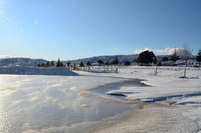 Scenic view of snow covered field against sky