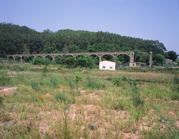 Built structure on field against clear sky