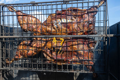 Close-up of meat on barbecue grill