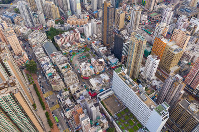 High angle view of modern buildings in city