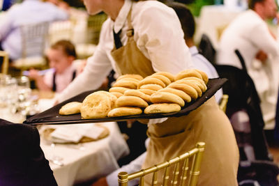 High angle view of bread in basket on table