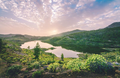 Scenic view of lake and mountains against sky