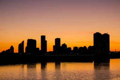 Silhouette of skyscrapers at sunset