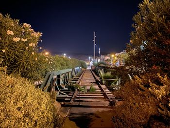 Illuminated footpath amidst trees against sky at night