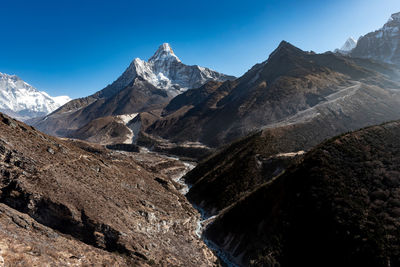 Scenic view of snowcapped mountains against clear blue sky