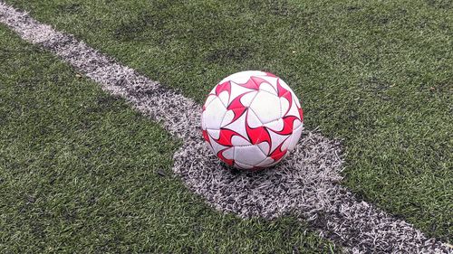 High angle view of soccer ball on field