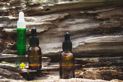 Glass bottle for serum or essential oil. natural cosmetics concept from wild plants. front view.