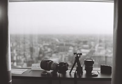 Close-up of chess camera against the sky