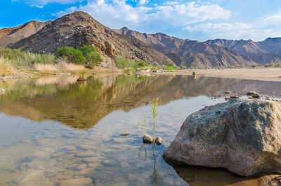 Scenic view of lake and mountains against sky