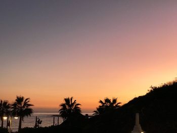 Silhouette palm trees against orange sky
