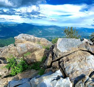 Scenic view of rocks and mountains against sky