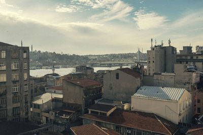 High angle view of buildings in city against sky