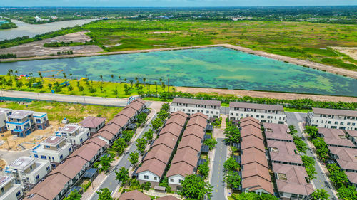 High angle view of buildings in city