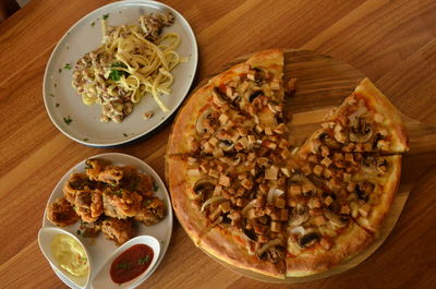 High angle view of food served on table