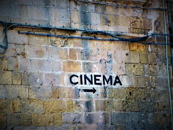 Close-up of text on brick wall