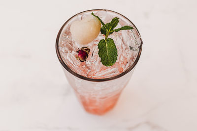 High angle view of drink in glass on table