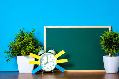 Potted plant on table against wall