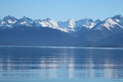 Scenic view of snowcapped mountains by sea