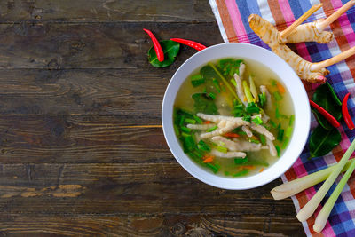 High angle view of soup in bowl on table