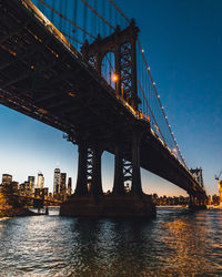 Manhattan bridge over east river by illuminated city against clear sky