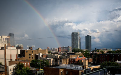 Rainbow over city buildings against sky