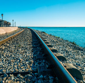 High angle view of railroad tracks by sea against clear sky