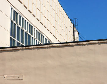 Low angle view of building against clear blue sky