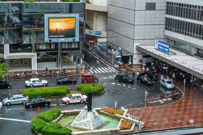 High angle view of traffic on road in rain