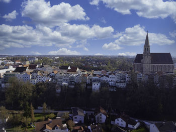 High angle view of townscape against sky