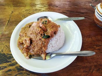 High angle view of food in plate on table