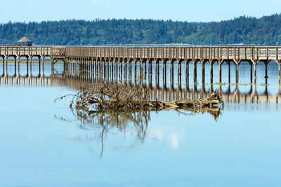 Reflection of bridge on lake against clear sky