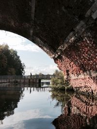 Reflection of buildings on river against sky