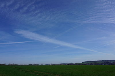 Scenic view of agricultural field against blue sky