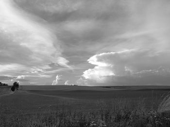 Scenic view of field against cloudy sky