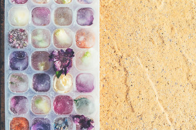 High angle view of candies on table